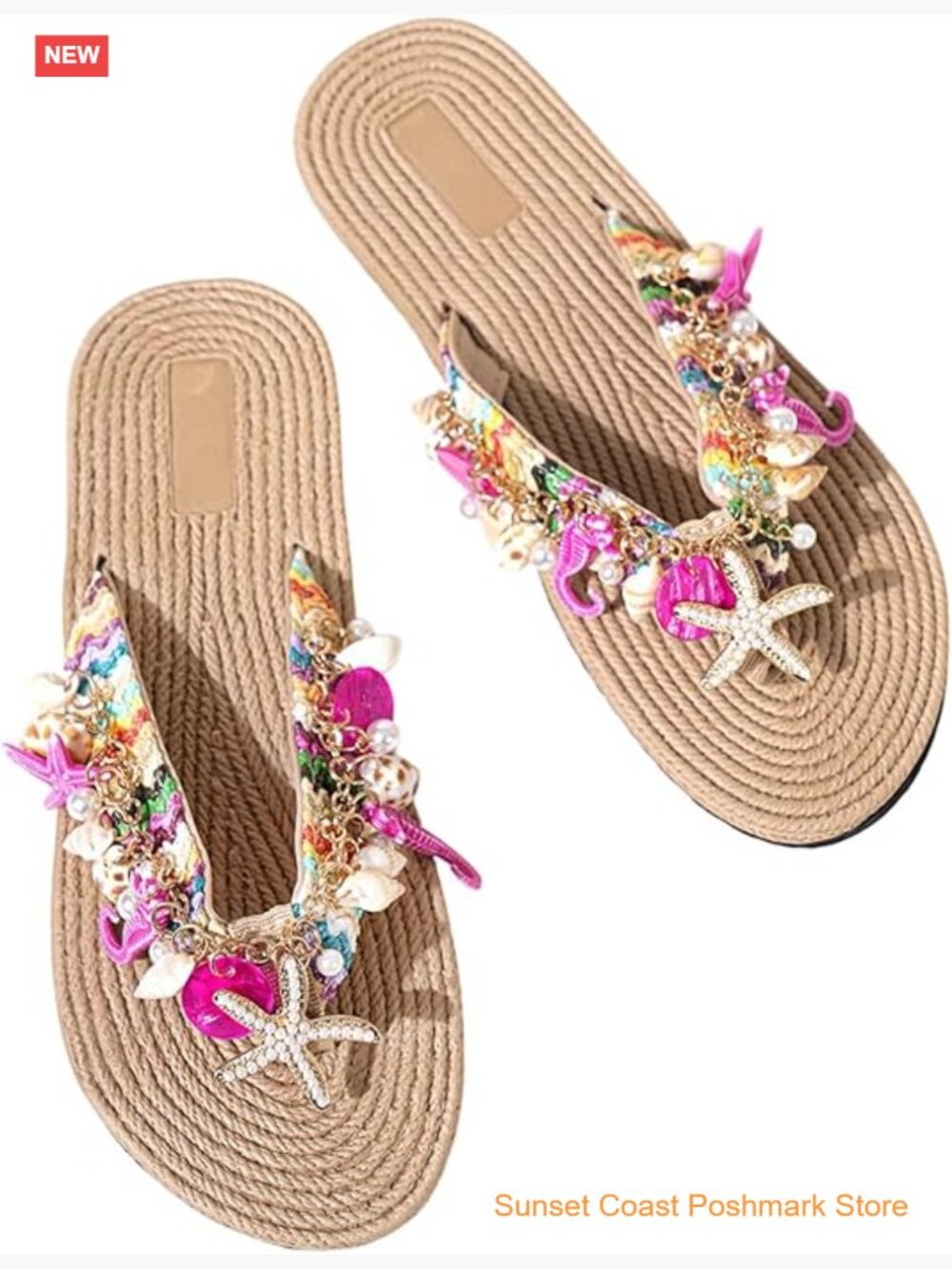 Boho Starfish Pearl Rhinestone Thong Sandals Open Toe Slip on Flip Flop Sandals